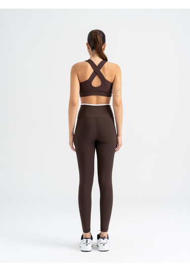 Çapraz Beli Beyaz Biye Detaylı Spor Tayt Kahverengi