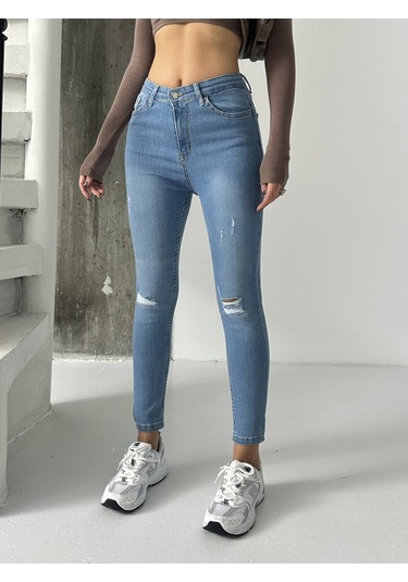 Kadın Diz Lazer Yırtık İşlemli Kot Dar Paça Mavi