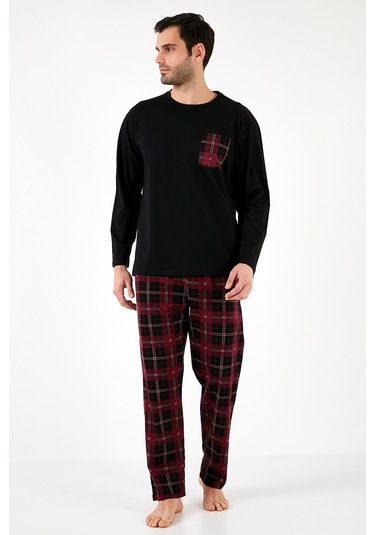Buratti Ekoseli Cepli Beli Lastikli % 100 Pamuk Regular Fit Erkek Pijama Takımı 6572001 Siyah-Bordo