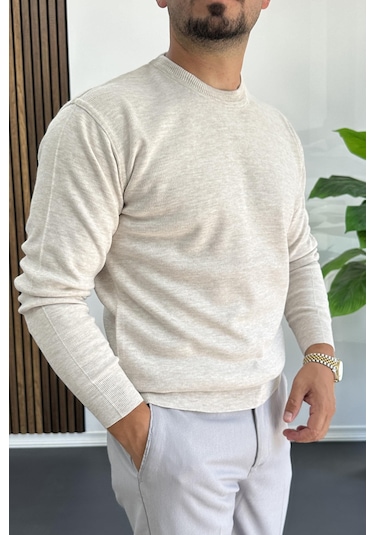 Erkek Bisiklet Yaka Normal Kalıp Kazak Krem Edw410 Krem