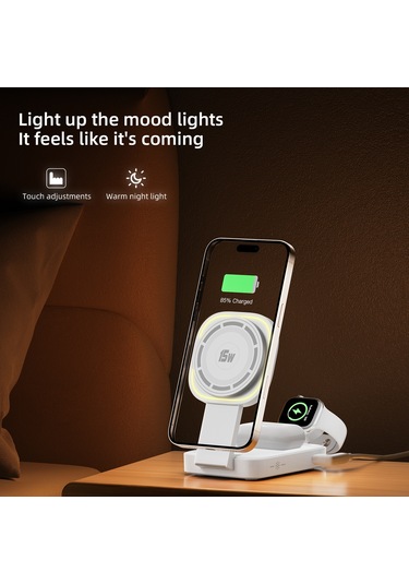 C40 3'ü 1 Arada Katlanabilir Şarj Standı Telefon İzle Kulaklık 15w Manyetik Kablosuz Şarj Cihazı Led Sıcak Işık Siyah