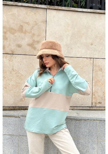WeShaya Kadın Mint Uzun Kol, Dik Yaka, Fermuarlı, Double Color Block Basic Sweatshirt Bluz Mint