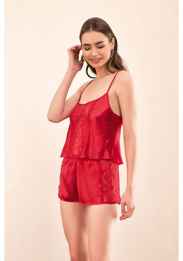 Cezbe Kırmızı Saten Dantel Detaylı Askılı Şortlu Takım M Kırmızı