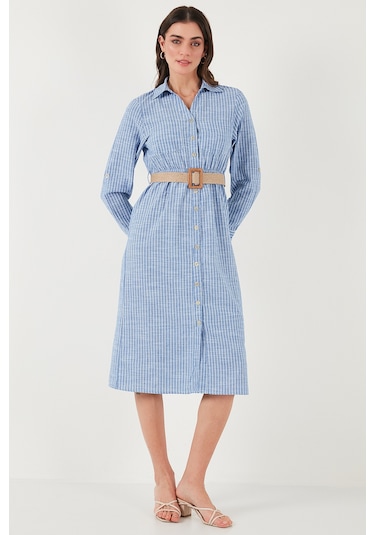 Lela Pamuklu Regular Fit Kemerli Midi Boy Gömlek Bayan Elbise 67810301 Indigo