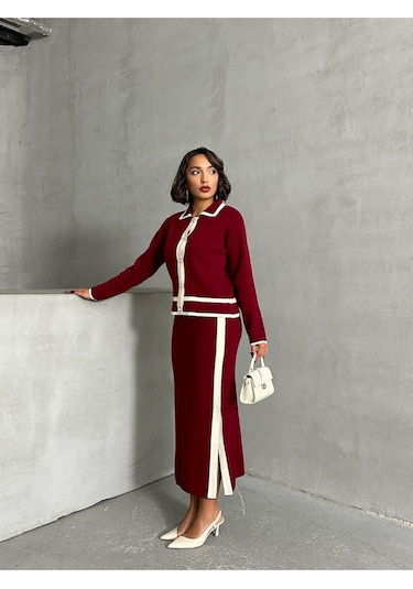 Kadın Inci Düğmeli Etekli Triko Takım Bordo