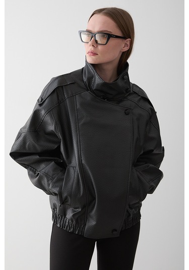 Siyah Dik Yaka Dokulu Deri Ceket - 509251 Siyah