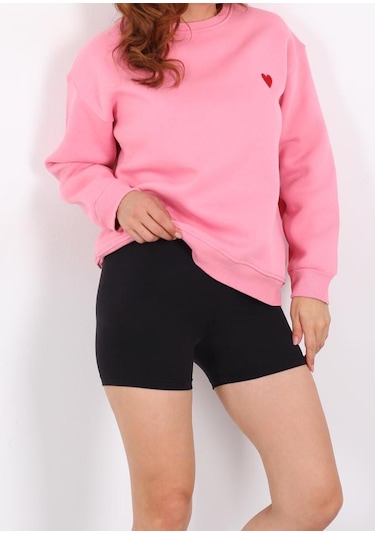 İs Berceste Kadın Bisiklet Yaka Kalp Nakışlı 3 İplik Şardonlu Sweatshirt Pembe