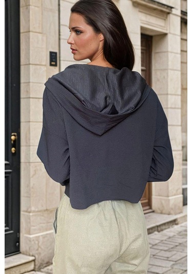 Siyah Yarım Fermuarlı, Kapüşonlu, Casual Bluz Siyah