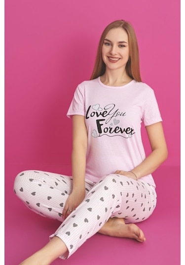 Dreamy Pamuklu Desenli Kısa Kollu Pijama Takımı Pembe