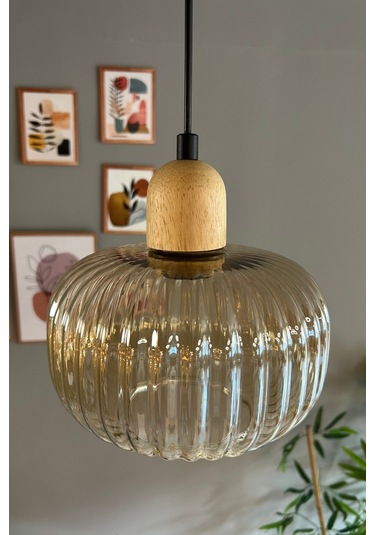 Mola Cam Bal Rengi Tekli Avize Kalın Ahşap Kafa Başlık Retro Sarkıt Lamba Restoran Salon Aydınlatma Bal