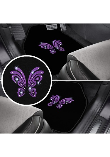 Kadın Sürücülere Özel: Mor Kelebek Zarafeti & Taşlı Siyah Oto Halı Paspas Seti 5 Parça Nakışlı