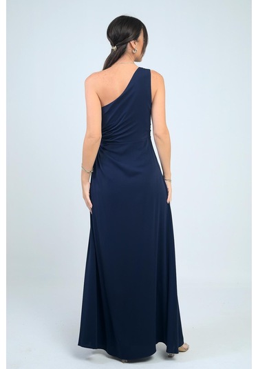 Kadın Tek Omuz Yan Pencere Detaylı Uzun Krep Saten Elbise-41546 Lacivert