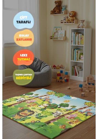 Katlanabilir Çift Taraflı Eğitici Çocuk Oyun Matı, Halısı 180x150x1 Taşıma Çantalı - Aslan Kral