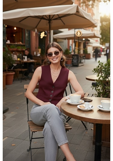 Lela Streç Fitted Fit V Yaka Düğmeli Bayan Yelek 5865971 Bordo