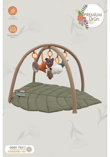 Mordesign Bebek Oyun Alanı,ayı Bebek Aktivite Matı,yaprak Oyun Matı, Bebek Egzersiz Set,baby Gym Seri, Haki