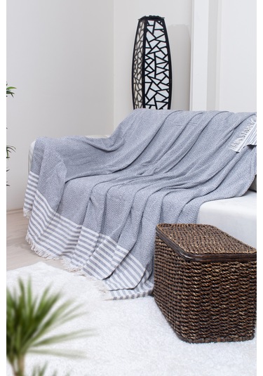 Pamuklu Püsküllü Elmas Desenli Koltuk Örtüsü 170x210 Cm Dekoratif Kanepe, Yatak Ve Tv Örtüsü Koyu Gri