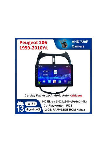 Peugeot 206 1999-2010yıl Carplay 9inç 2/32gb Multimedya