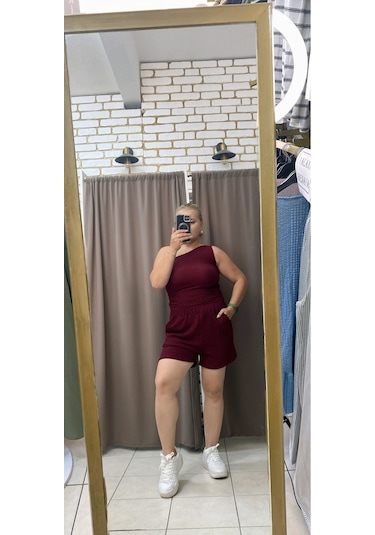 Tuba Toptaş Gofre Şort Lastikli Bel Bordo