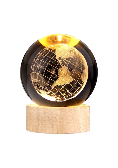 Mufunye 6cm Dünya Kristal Top + 6cm Yuvarlak Isımsı Işıklı Ahşap Tabanlı Usb Güneş Sistemi 3d Işıklı Masaüstü Dekoratif Aydınlatıcı Hediyelik Ürün