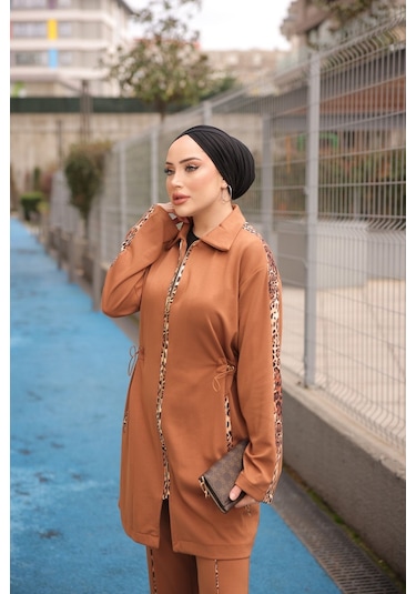 Tesettür Eşofman Takımı Fermuarlı Ikili - Tunik Pantolon Taba 474 Taba