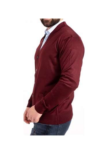 Nacar Store Erkek Düğmeli Ince Yün Triko Örme Baba Hırka Bordo