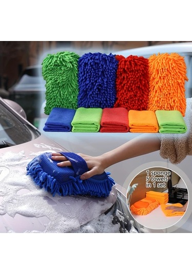 Honeybeeshop 6 Adet Mikrofiber Araba Yıkama Seti Yeşil Chenille Sünger 5 Havlu Süper Emici Çiziksiz