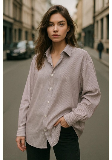 Kadın Bordo Çizgili Beyaz Oversize Gömlek Over Fit Relaxed Gömlek Çok Renkli