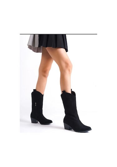 Kovboy Kanvas Western Tarz Sivri Bot Siyah-Siyah