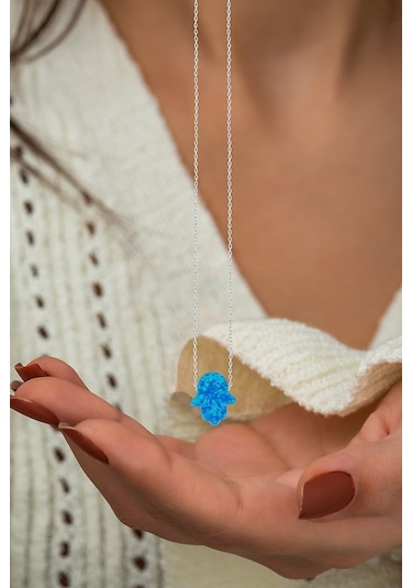 925 Ayar Gümüş Rodyum Kaplama Mavi Opal Taş Fatma Eli Kolye