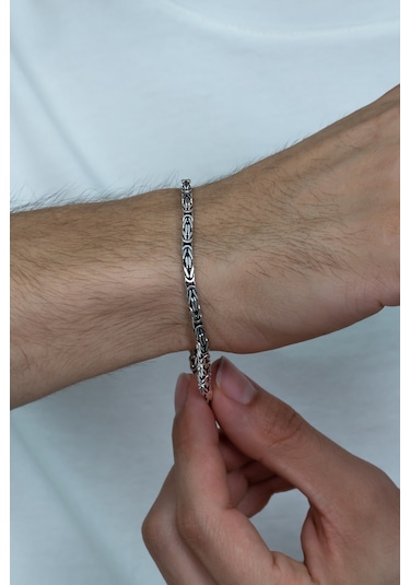 Takı Dükkanı 925 Ayar Gümüş Erkek Bileklik Kare Kral Model 3,1mm Genişlik 20cm Uzunluk msb08