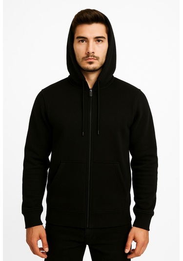 Axxel Erkek Siyah Fermuarlı Kapüşonlu Sweatshirt-w590 Siyah 3 İplik Şardonlu