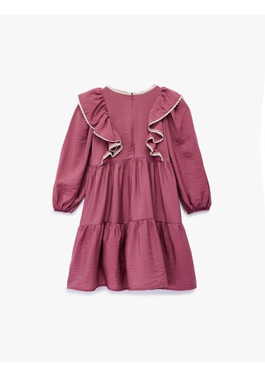 Koton Uzun Kollu Bisiklet Yaka Volanlı Viskon Elbise Bordo 6wkg80032aw Bordo