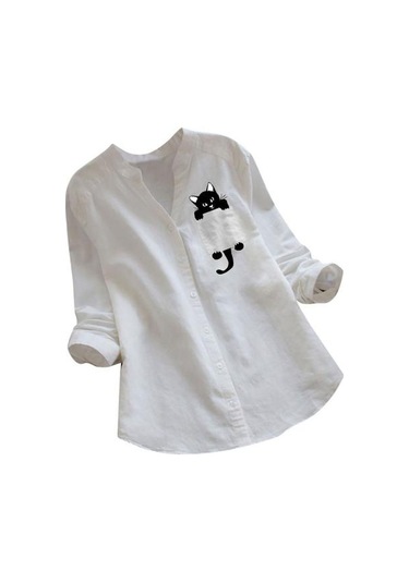 Beyaz Kadın Üst Uzun Kollu Gevşek Sevimli Şık Baskılı Günlük Giyim İçin Rahat Kesim Gömlek Beyaz