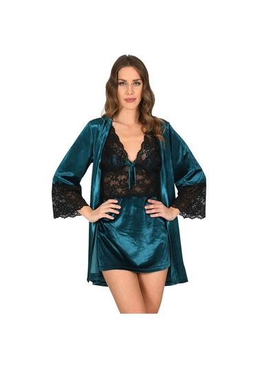 Sistina Bayan Petrol Yeşili Kadife Sabahlık Gecelik Takım 1443 Petrol Yeşili