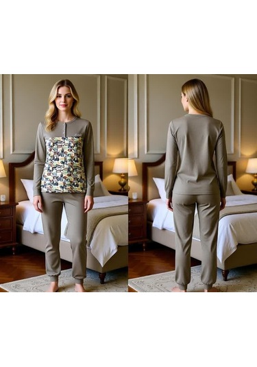 Kadın Pamuklu Açık Kahve Renk Pijama Takımı Al501 Kahve
