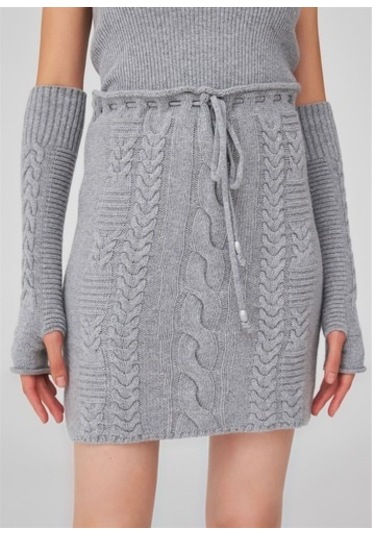 Peraluna Saç Örgü Desenli Kadın Triko Etek Gri Melanj