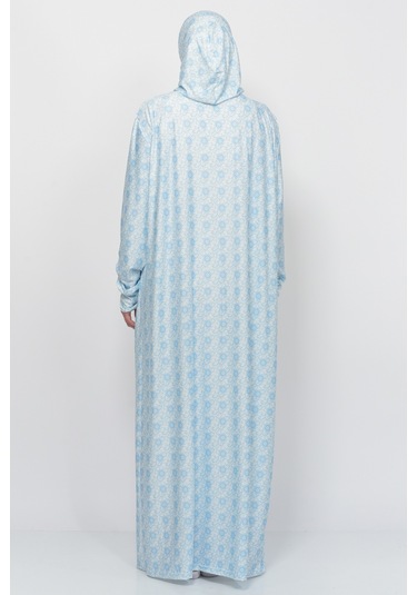 Pratik Tek Parça Güneş Desenli Kollu Tak Çıkar Başörtülü Likralı Tesettür Namaz Elbisesi 990-0302 Mavi Antrasit