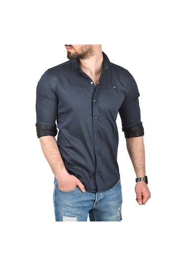 Deepsea Erkek Lacivert Slim Fit Pamuklu Kot Gömlek Kolay Ütülenebilir Çıt Çıtlı Likralı Spor Gömlek 2502504 Lacivert