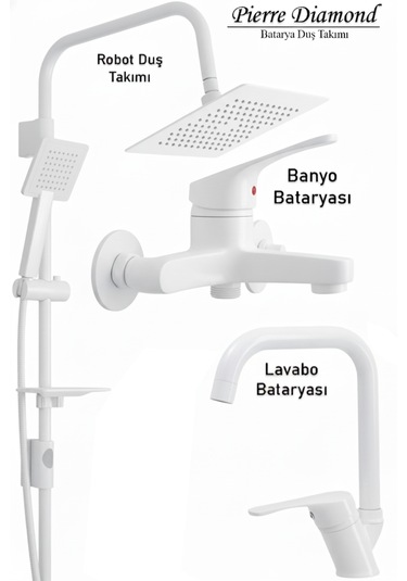 469845 Lavabo Banyo Bataryası Robot Duş Takımı Musluk Armatür Siyah Beyaz Krom Renk Beyaz