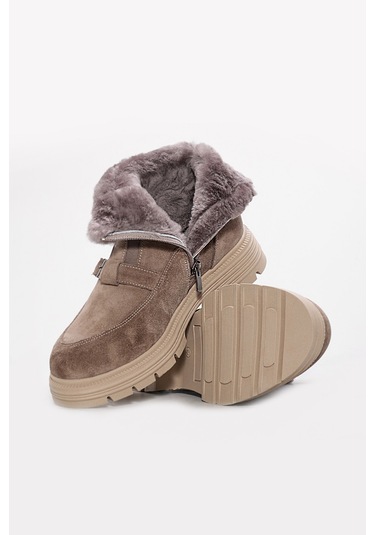 Hakiki Deri Kürklü Kadın Klasik Bot 217kza789-34 Vizon Süet