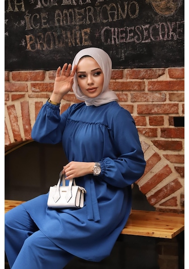Fırfır Detaylı Tesettür İndigo Takım I Ndigo