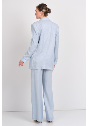 Ayhan Kadın Çizgili Düğmeli Keten Ceket 0860 Mavi Mavi