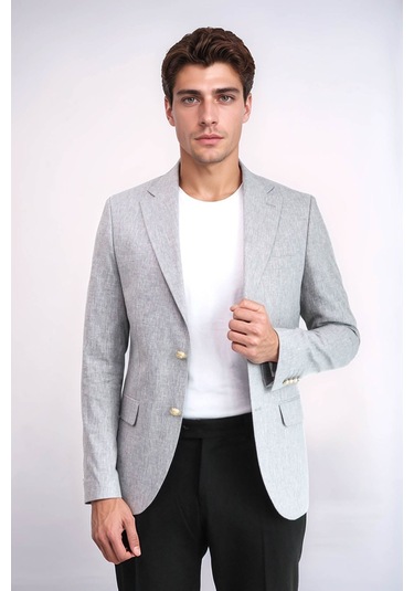 Gri Keten Dokulu Gold Renk Metal Düğmeli Slim Fit Erkek Blazer Ceket - Wessi Grey