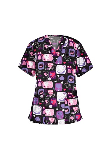 Mor Kadın Kısa Kollu V Yaka Karikatür Desen Çalışma Tişörtleri Tops Mor
