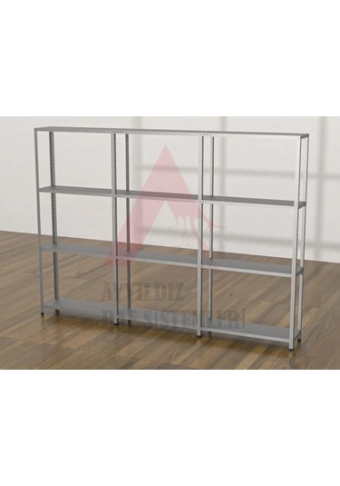 4 Katlı 3'lü Gri Renk Çelik Raf - Depo, Arşiv, Kiler, Dosya, Dosya Rafı 31x93 Cm-200 Cm Gri