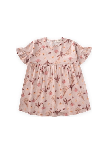 Cigit Desenli Kolu Fırfırlı Elbise 1-7 Yaş Pudra Pembe Pudra Pembe