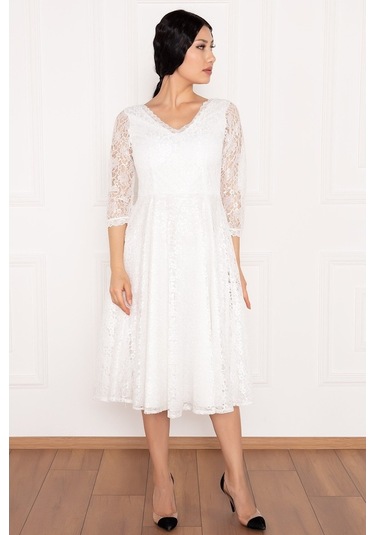 Kalopya Dantel Turvakar Kol Midi Abiye Elbise 13255 Ekru