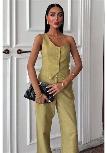 Tek Omuz Büstiyer Plazzo Pantolon Viscon Takım 10159 Çağla