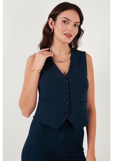 Lela Streç Fitted Fit V Yaka Düğmeli Bayan Yelek 5865971 Lacivert