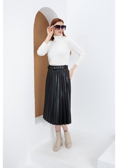 Kemerli Siyah Pliseli Deri Etek - Siyah